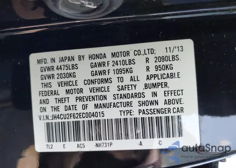 2014 Acura Tsx 2.4 из США, поврежденный, VIN JH4CU2F62EC004015